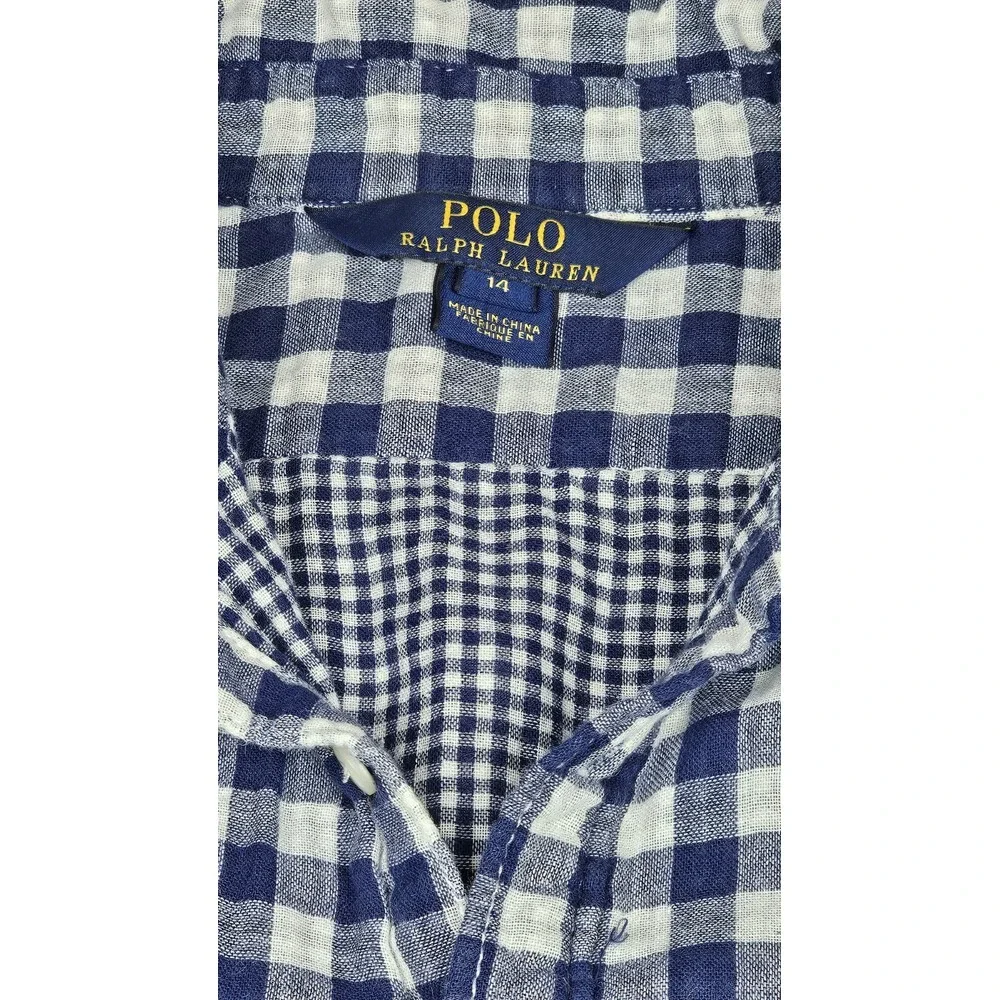 Vintage Polo Ralph Lauren Romper Girls 14 Blue White‎ Gingham Plaid Long Sleeve